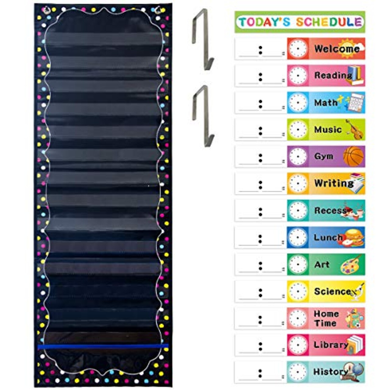 Daily Schedule Pocket Chart Educational Pocket Chart for Classroom Office Home Teachers Preschool Activity Supplies 15 Pockets 14 Double-Sided Reusable Dry-Eraser Card 13 x 37 Inches